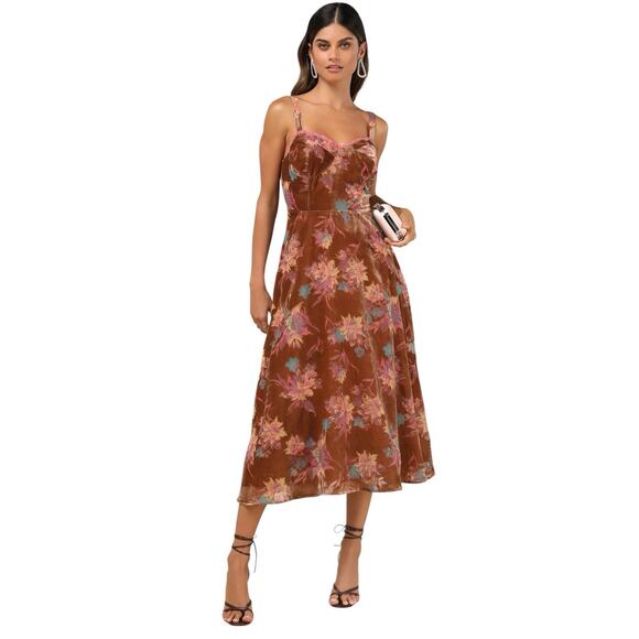 Lulu’s Coveted Grace Brown Burn Out Velvet Midi Dress Size S Floral Bustier - Picture 2 of 15